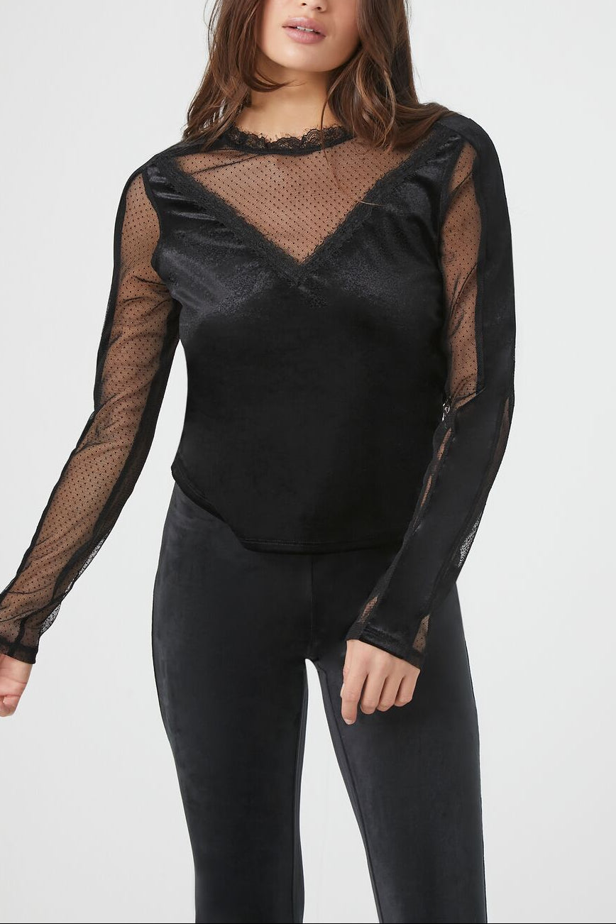  Forever 21 Sheer Lace Velvet Top - black - Bonton