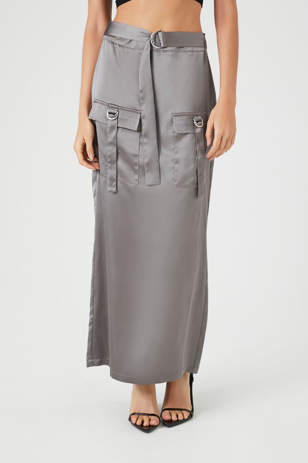  Forever 21 Satin Cargo Maxi Skirt - dark-grey - Bonton
