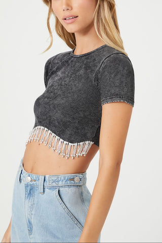 Rhinestone-Fringe Cropped Tee