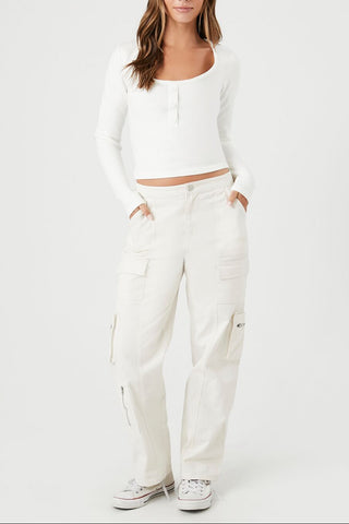 Cropped Sweater-Knit Henley Top