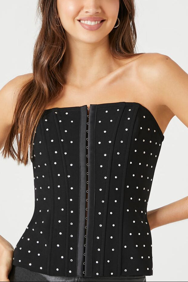  Forever 21 Rhinestone Corset Tube Top - black silver - Bonton