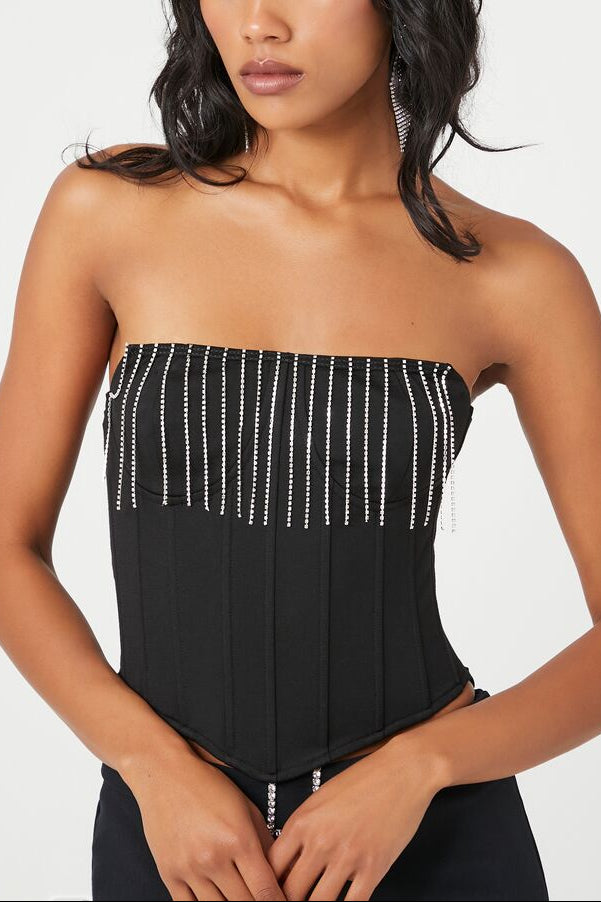  Forever 21 Rhinestone Fringe Tube Top - black silver - Bonton