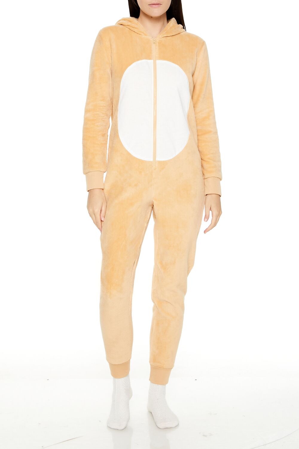 Forever 21 Hooded Reindeer Print Jumpsuit - tan-multi - Bonton