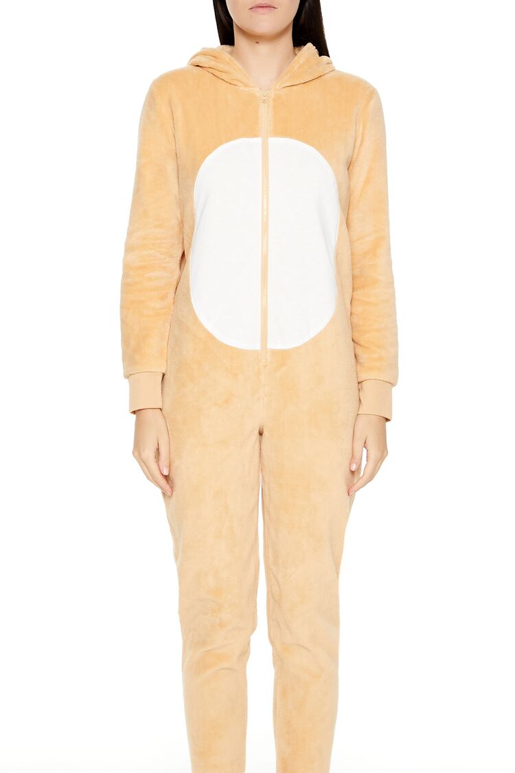  Forever 21 Hooded Reindeer Print Jumpsuit - tan-multi - Bonton