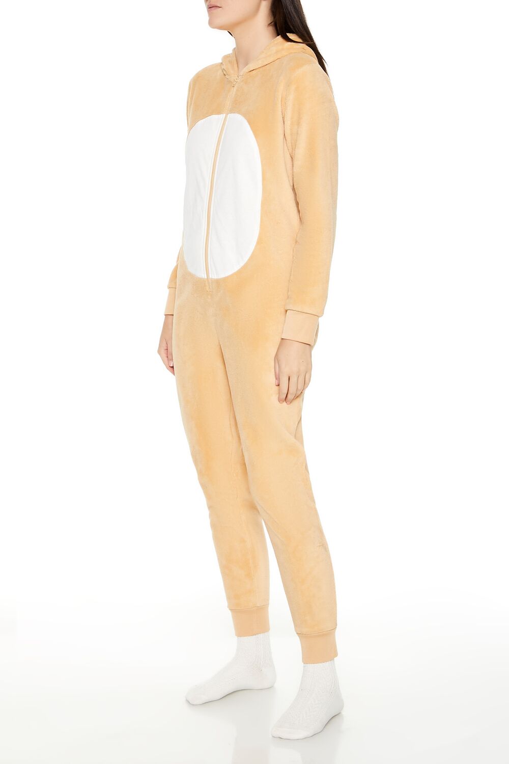  Forever 21 Hooded Reindeer Print Jumpsuit - tan-multi - Bonton