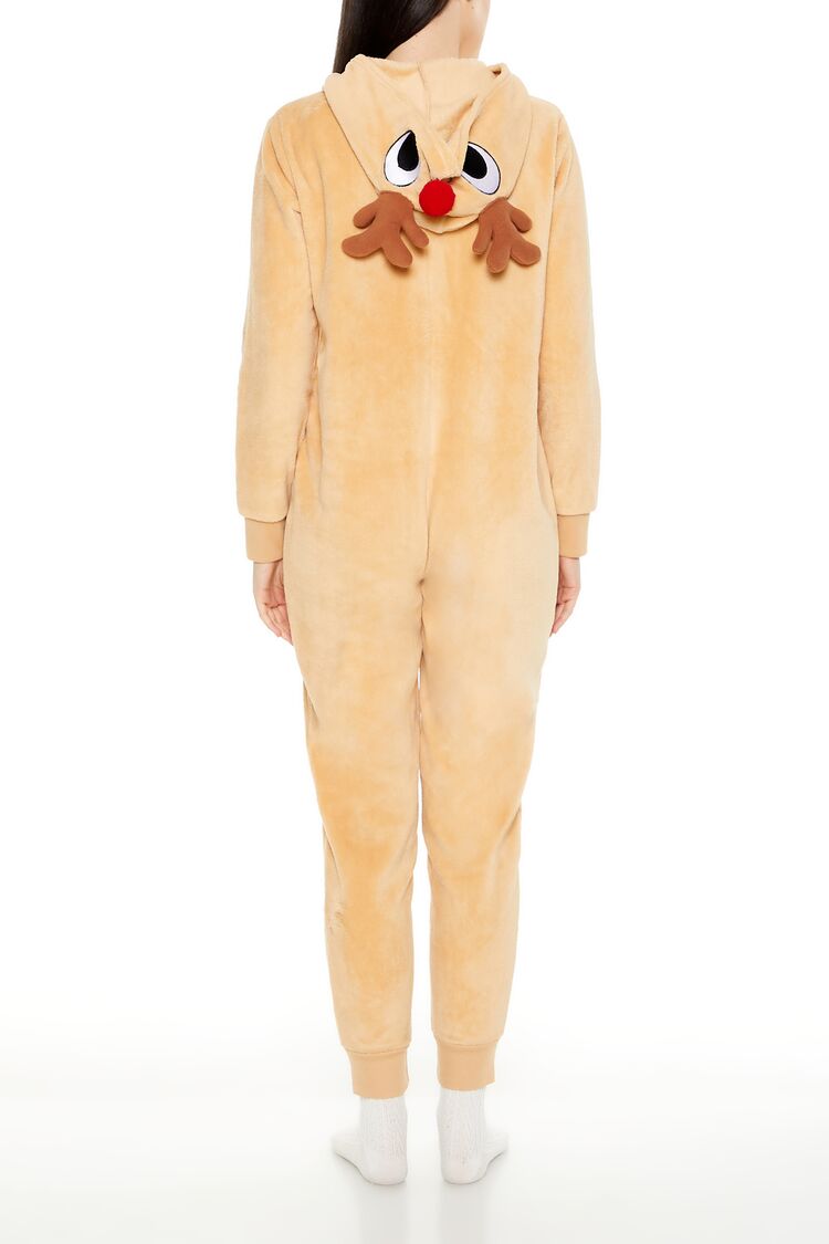  Forever 21 Hooded Reindeer Print Jumpsuit - tan-multi - Bonton