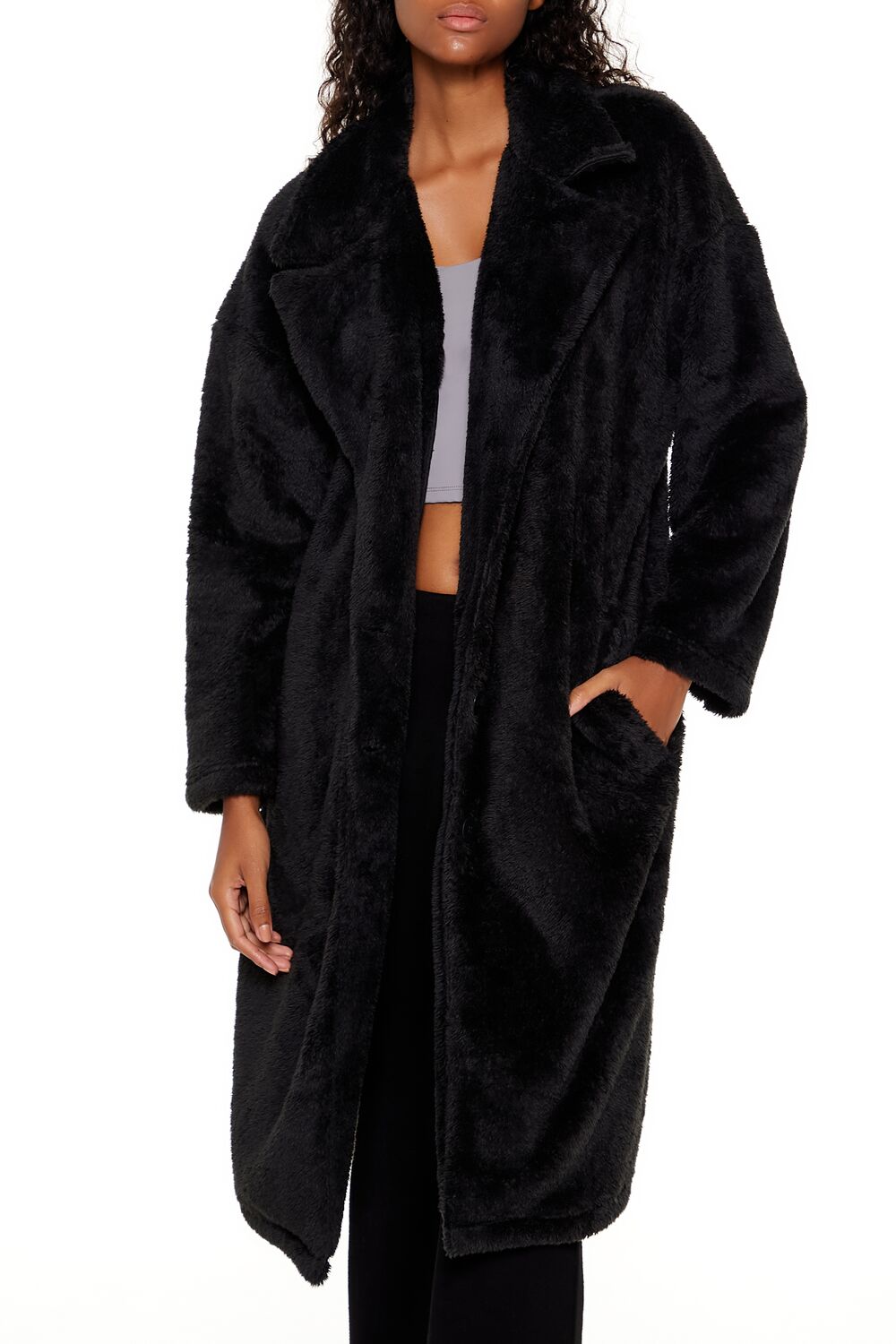  Forever 21 Faux Shearling Teddy Duster Coat - black-swatch - Bonton