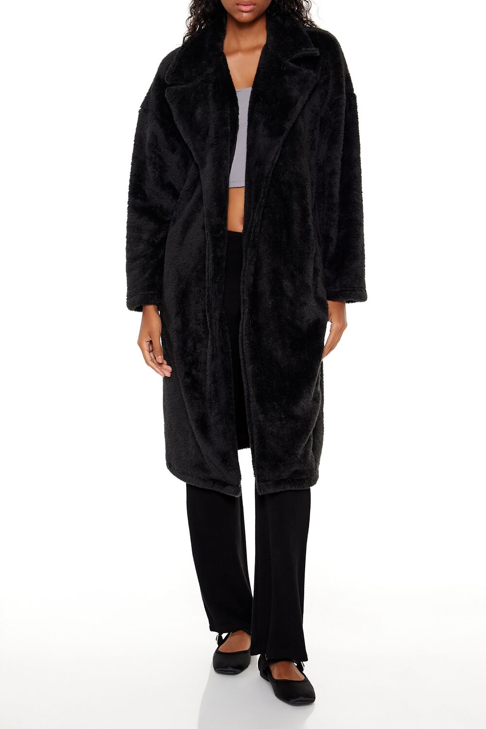  Forever 21 Faux Shearling Teddy Duster Coat - black-swatch - Bonton