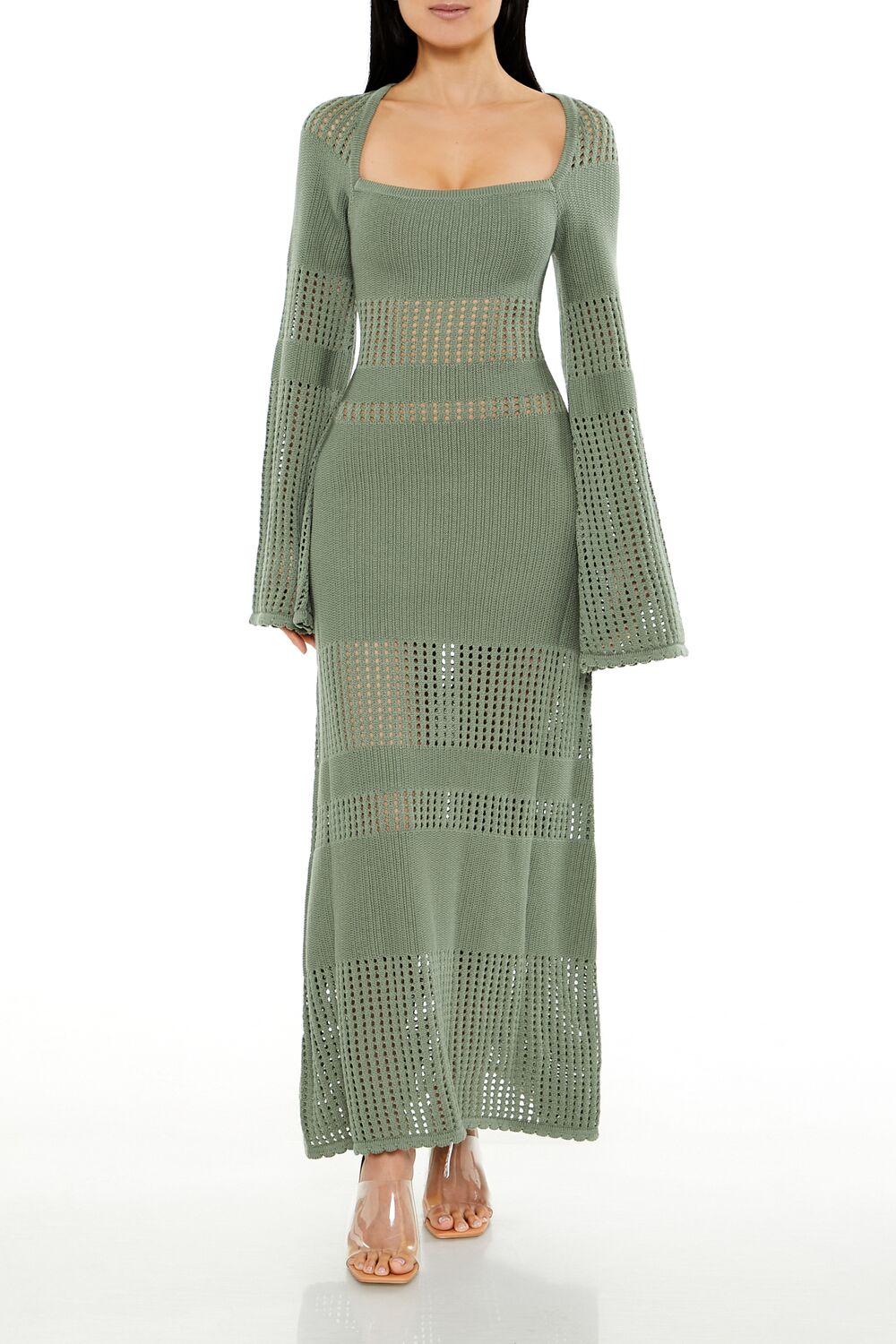  Forever 21 Open-Knit Bell-Sleeve Sweater Dress - olive - Bonton