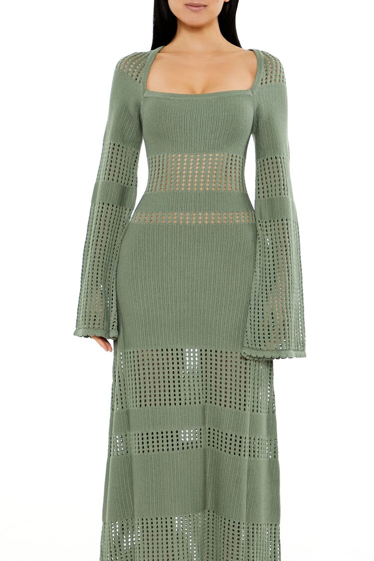  Forever 21 Open-Knit Bell-Sleeve Sweater Dress - olive - Bonton