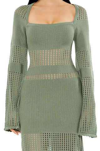 Open-Knit Bell-Sleeve Sweater Dress