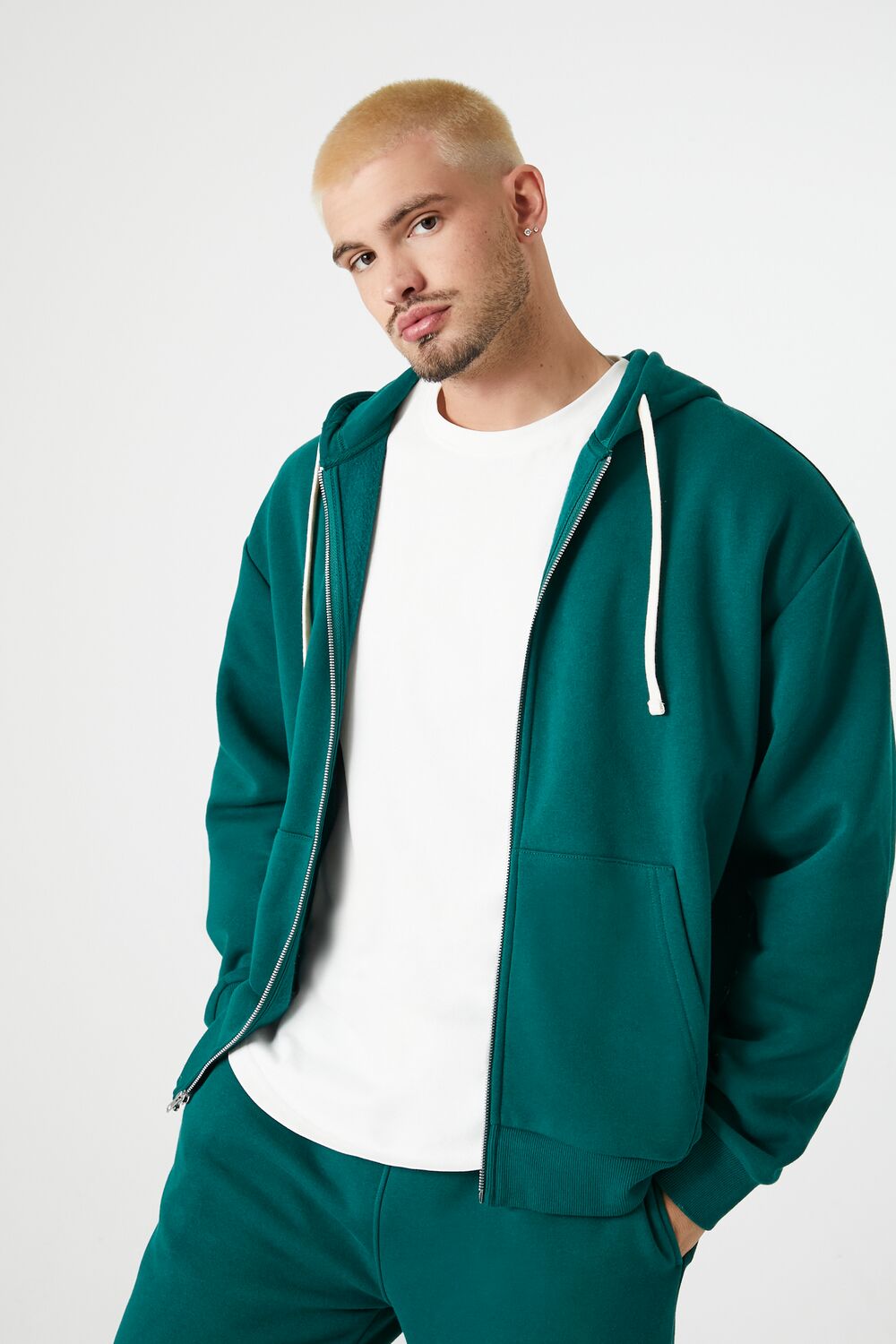  Forever 21 Fleece Drawstring Zip-Up Hoodie - hunter green - Bonton