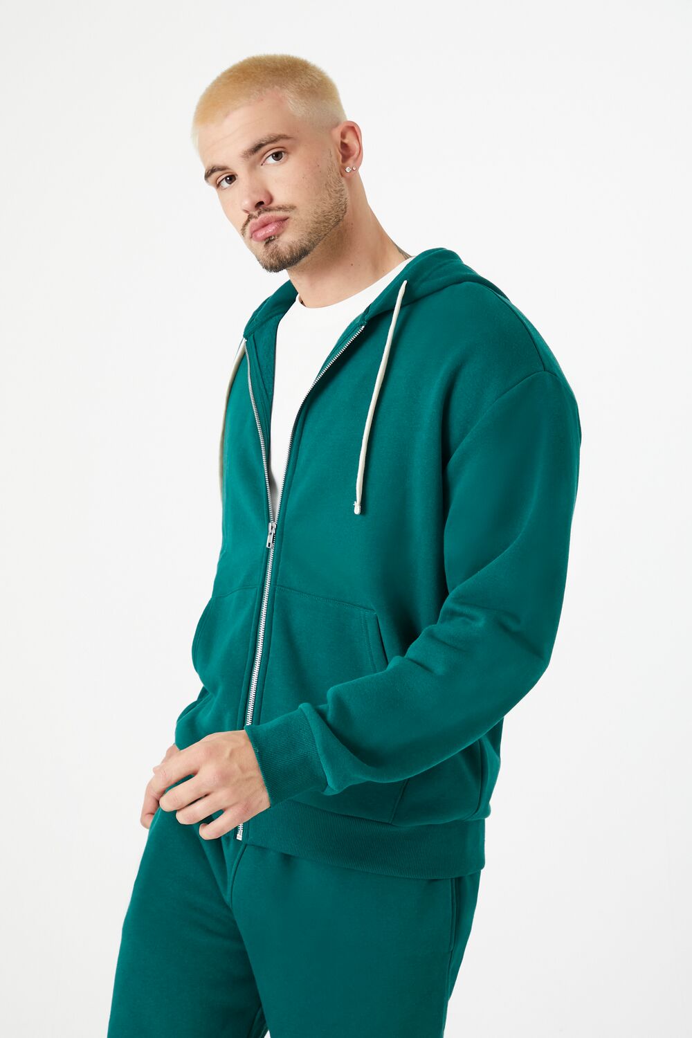 Forever 21 Fleece Drawstring Zip-Up Hoodie - hunter green - Bonton