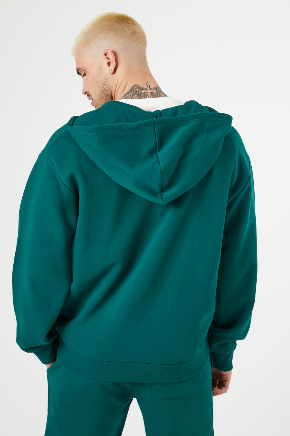  Forever 21 Fleece Drawstring Zip-Up Hoodie - hunter green - Bonton