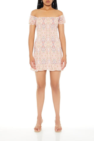 Smocked Ornate Print Mini Dress