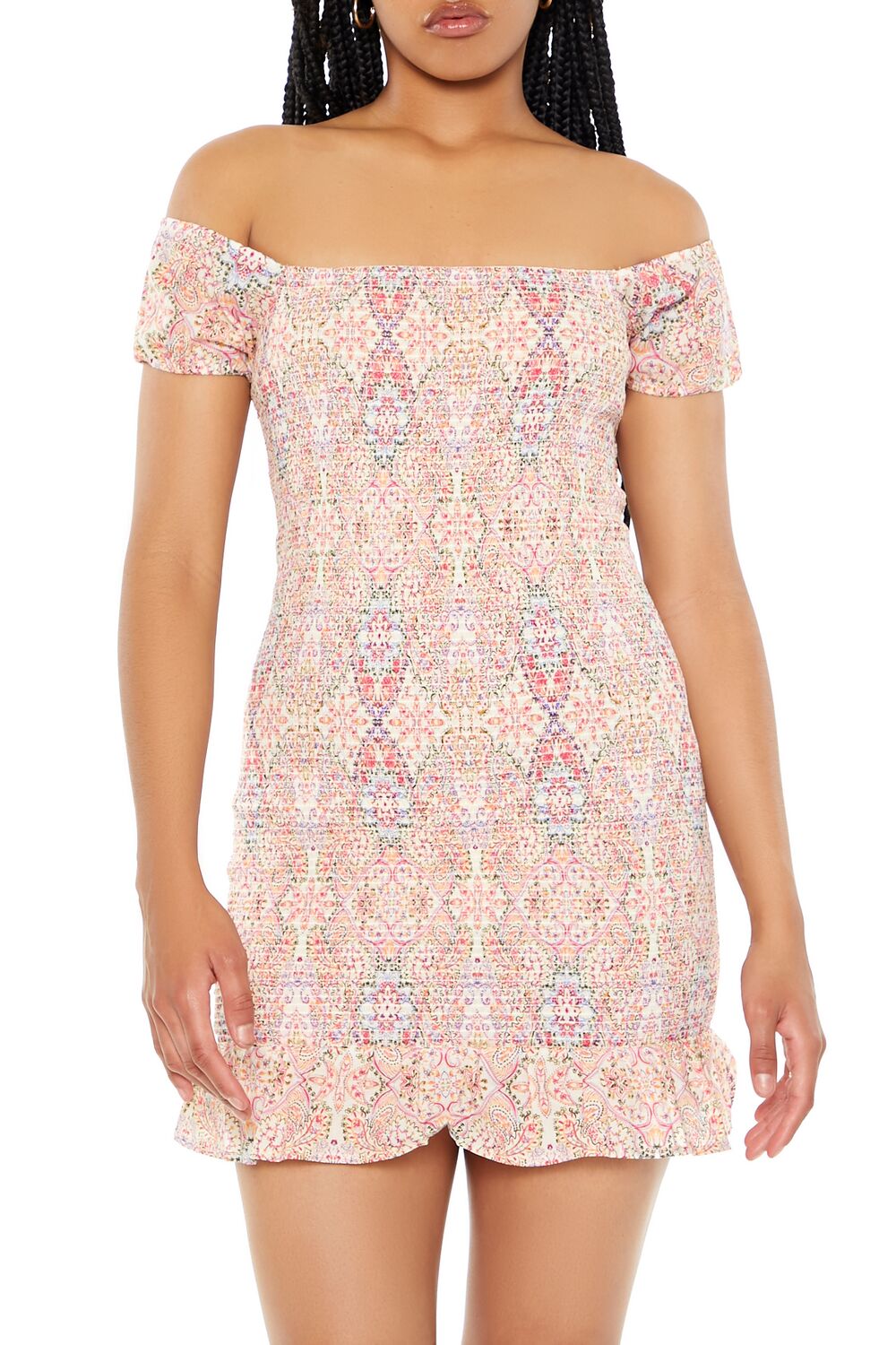  Forever 21 Smocked Ornate Print Mini Dress - pink multi - Bonton