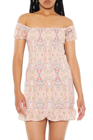 Smocked Ornate Print Mini Dress