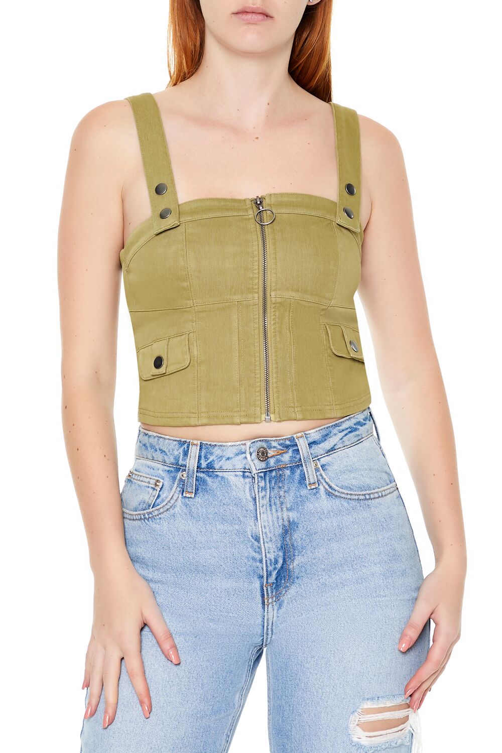  Forever 21 Denim Zip-Up Crop Top - cypress - Bonton