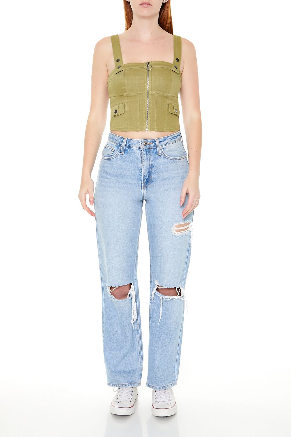  Forever 21 Denim Zip-Up Crop Top - cypress - Bonton