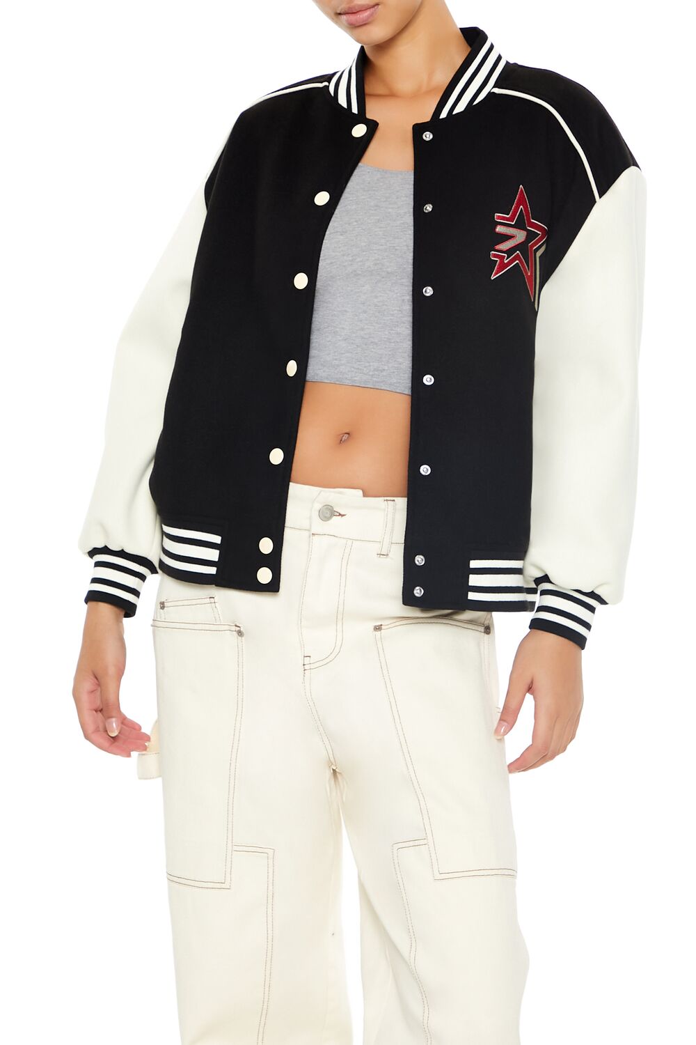  Forever 21 Star Girl Varsity Letterman Jacket - black-multi - Bonton