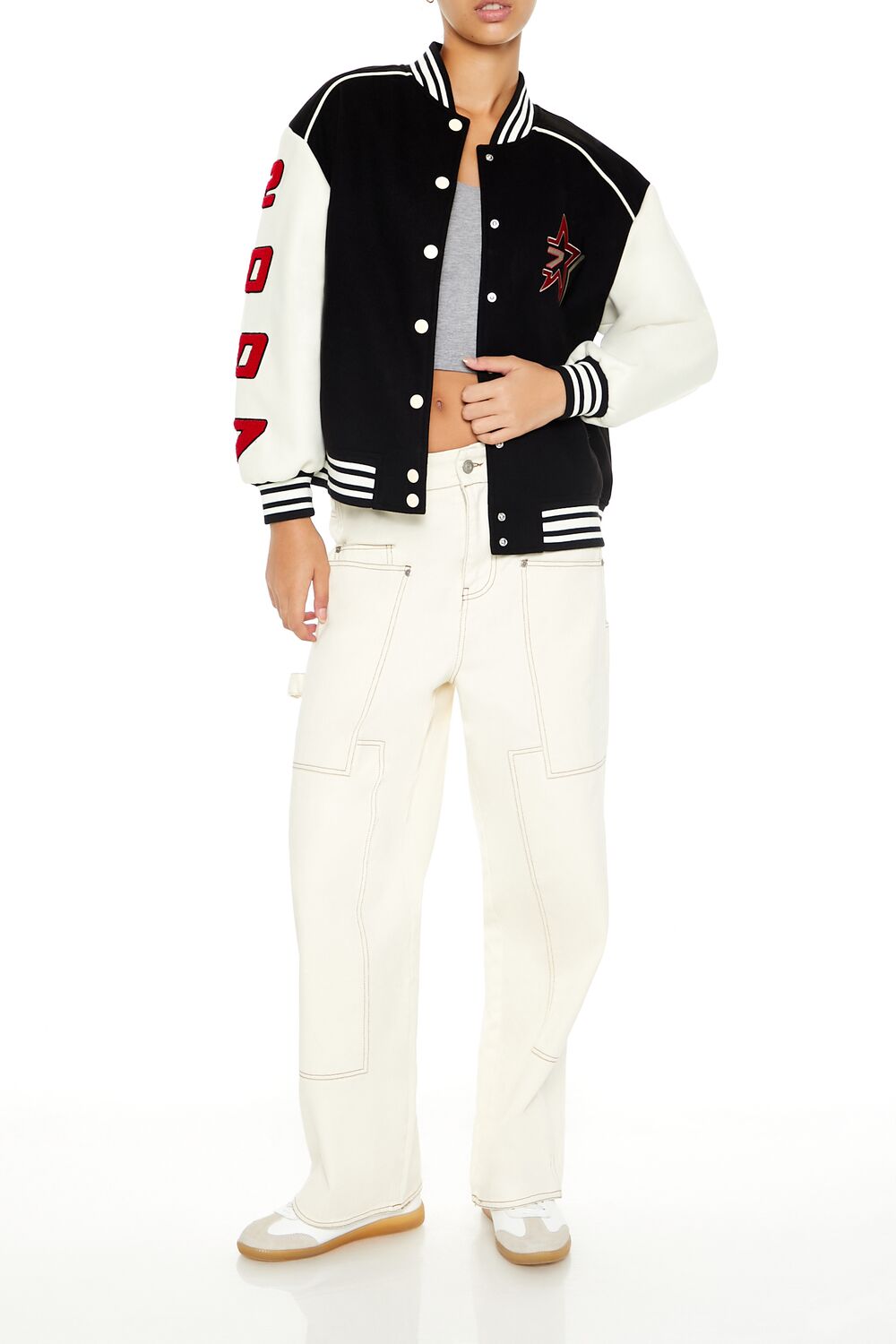  Forever 21 Star Girl Varsity Letterman Jacket - black-multi - Bonton