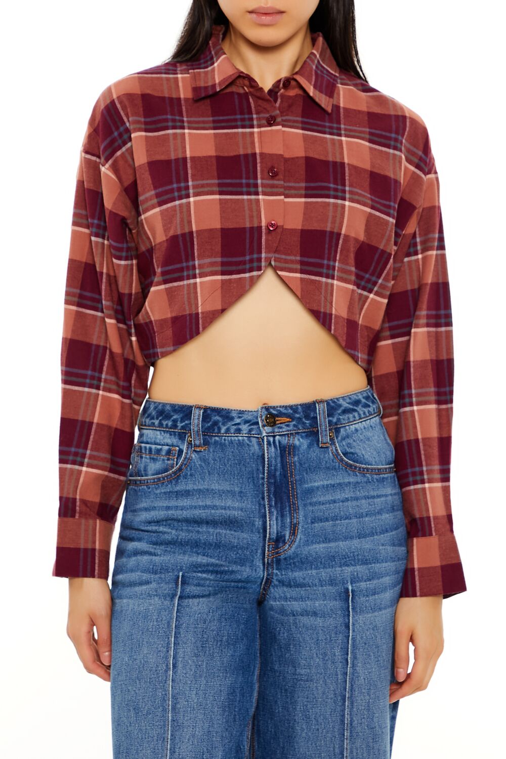  Forever 21 Plaid Flannel Cropped Shirt - red multi - Bonton