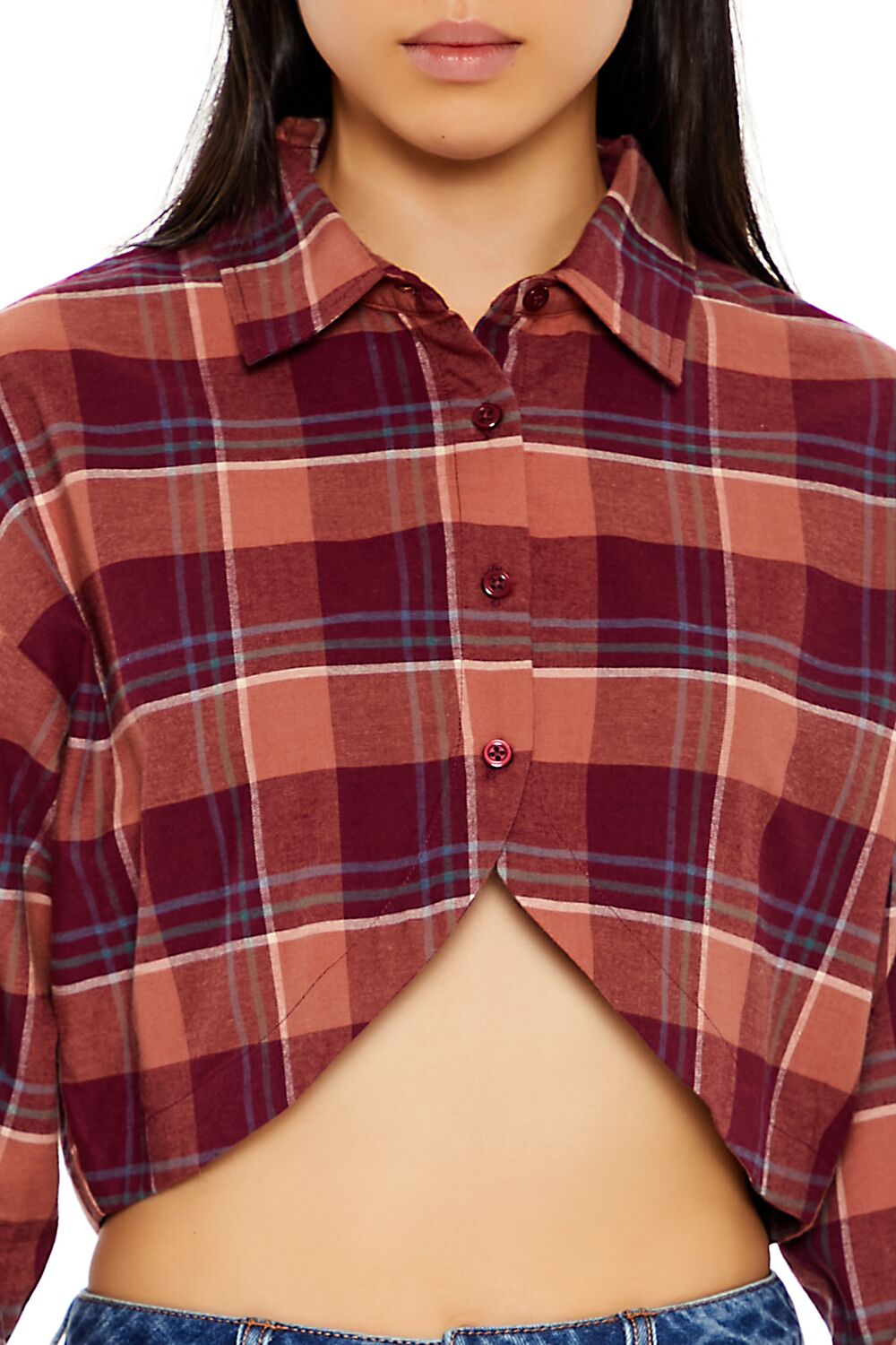  Forever 21 Plaid Flannel Cropped Shirt - red multi - Bonton
