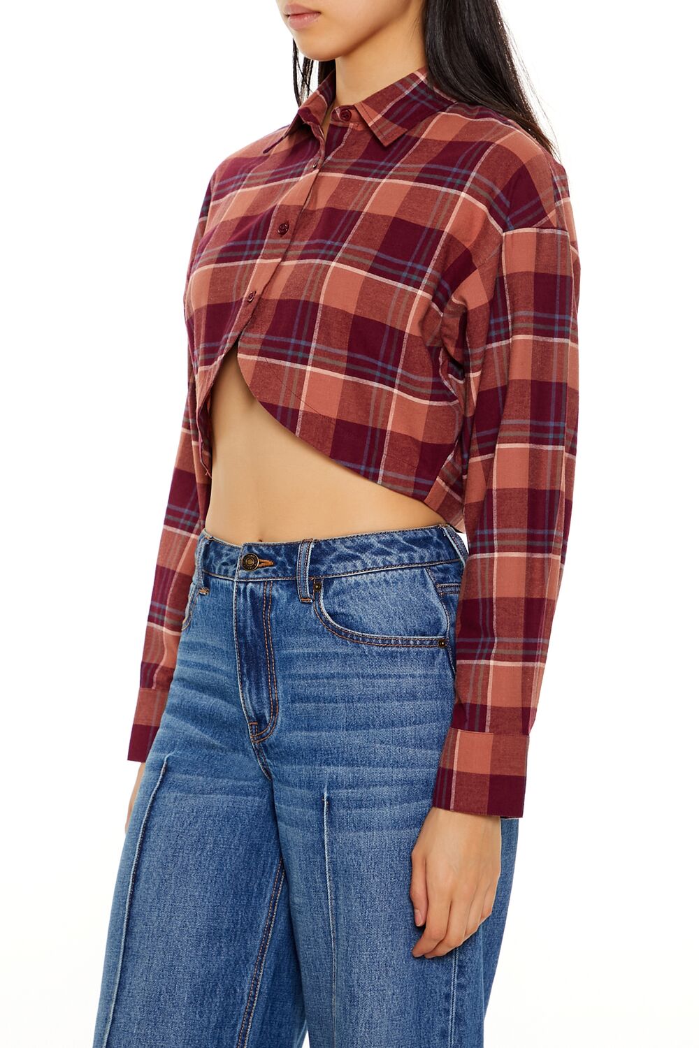  Forever 21 Plaid Flannel Cropped Shirt - red multi - Bonton