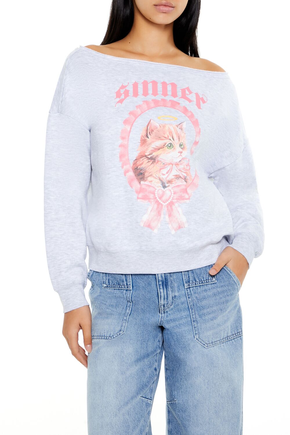  Forever 21 Sinner Kitten Graphic Pullover - heather grey multi - Bonton
