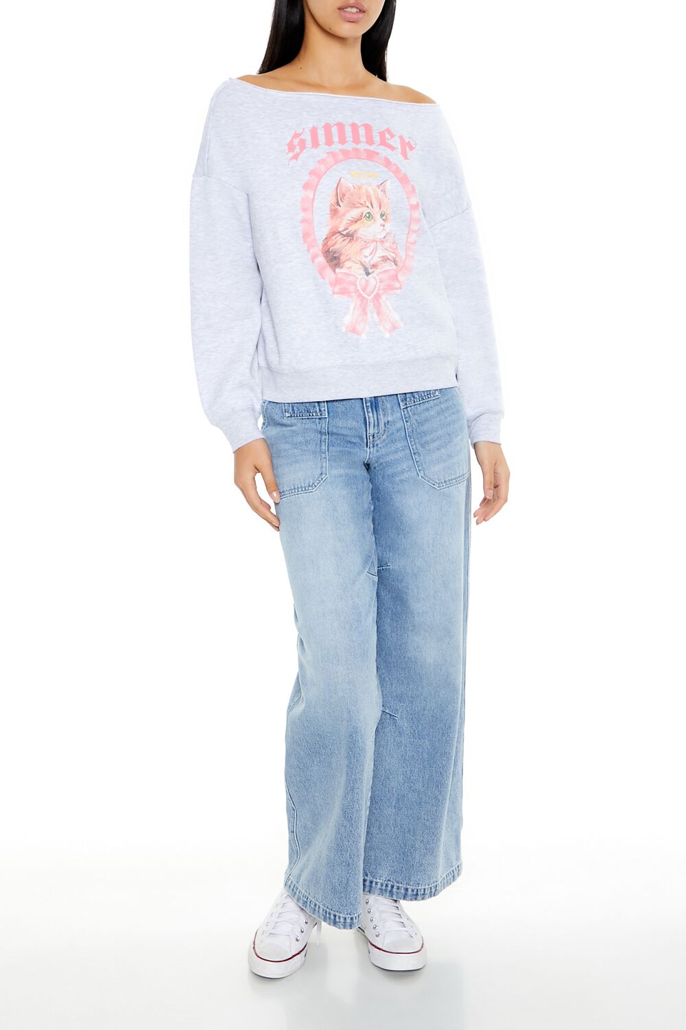  Forever 21 Sinner Kitten Graphic Pullover - heather grey multi - Bonton