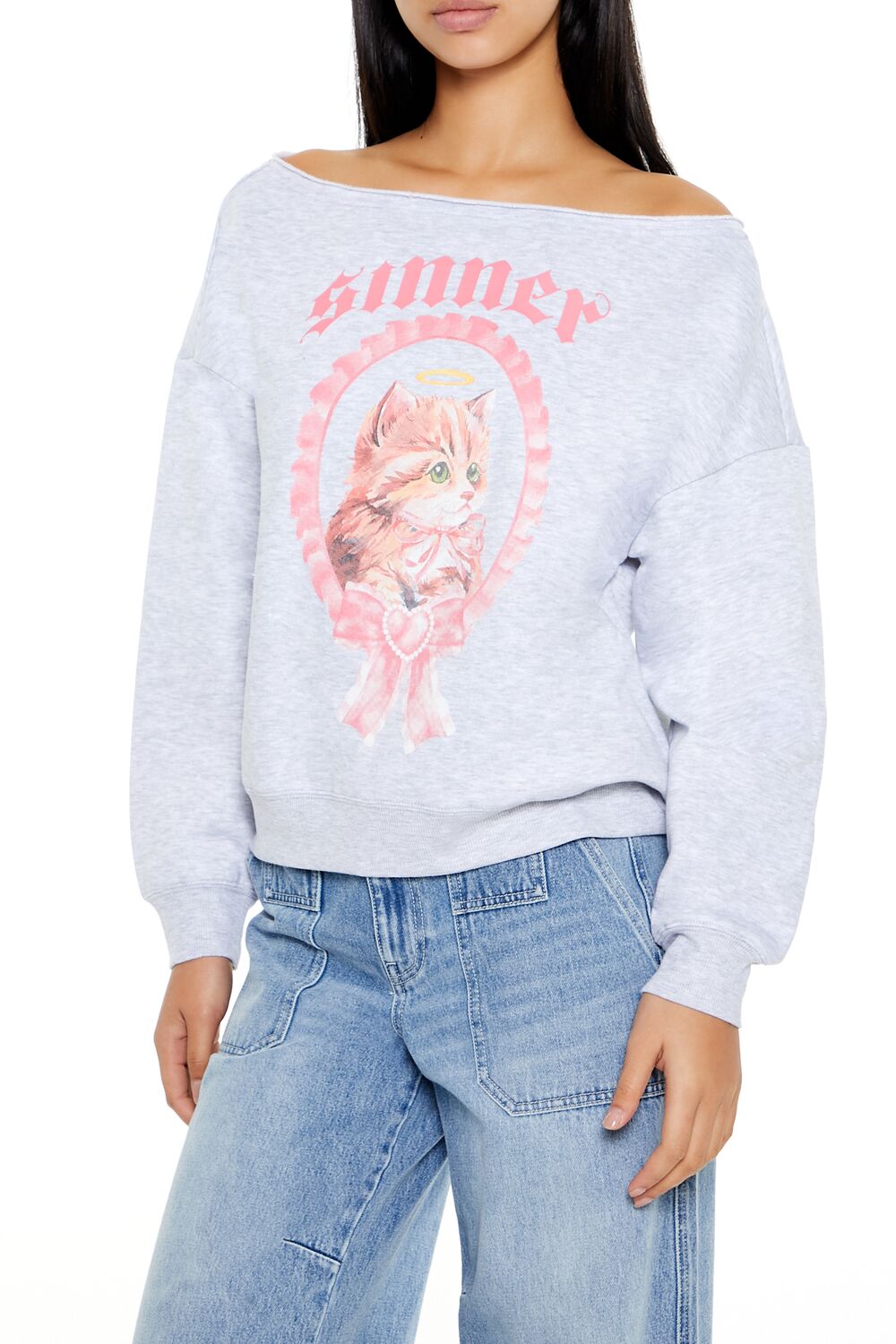  Forever 21 Sinner Kitten Graphic Pullover - heather grey multi - Bonton