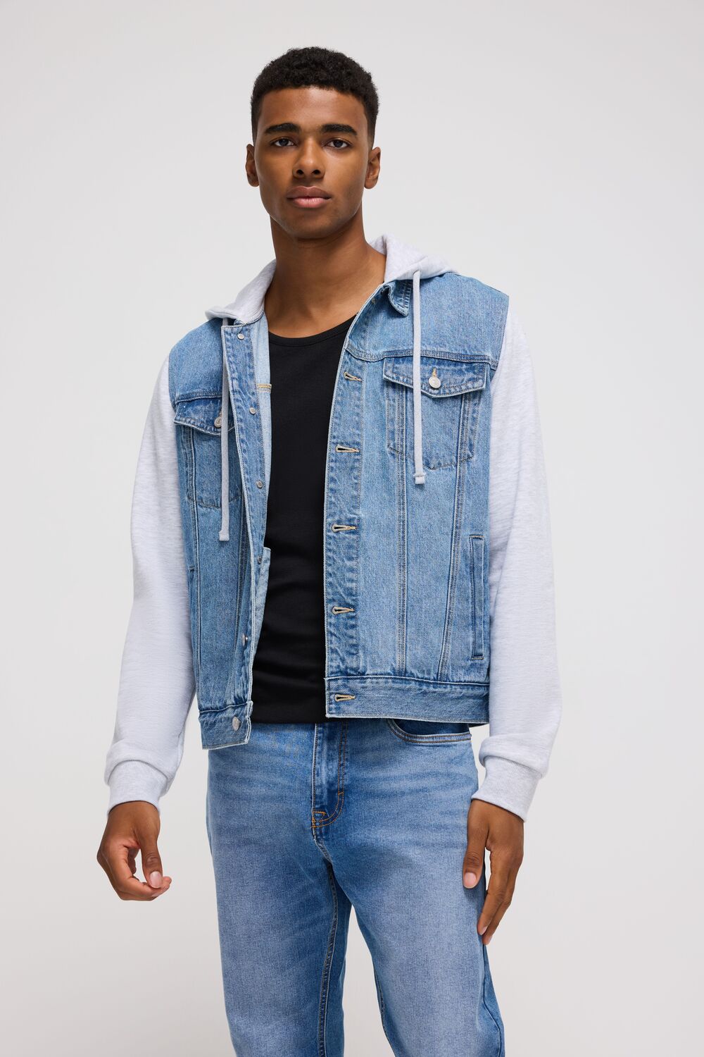  Forever 21 Denim Trucker Combo Jacket - light-denim-heather-grey-swatch - Bonton