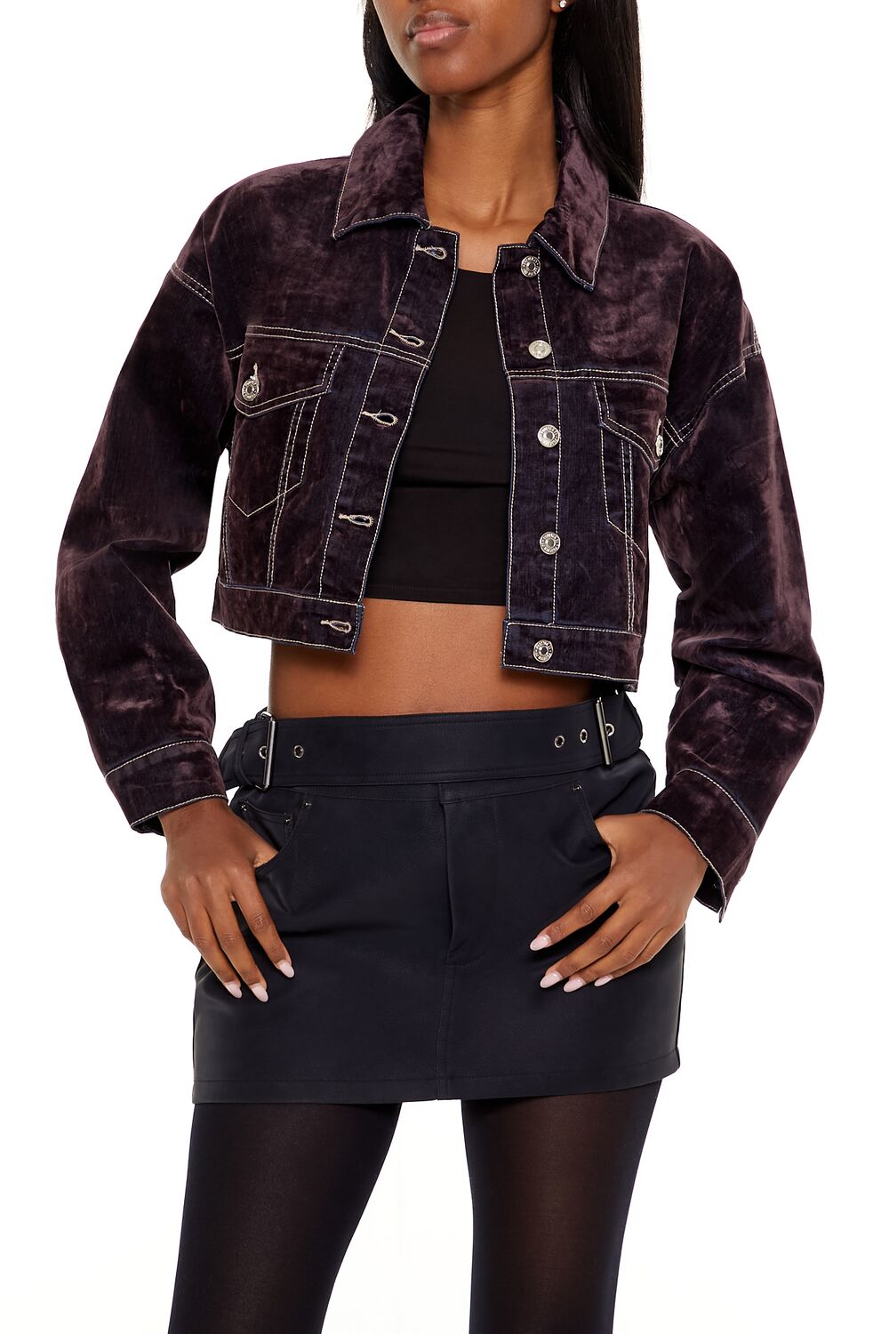  Forever 21 Cropped Denim Trucker Jacket - purple-swatch - Bonton