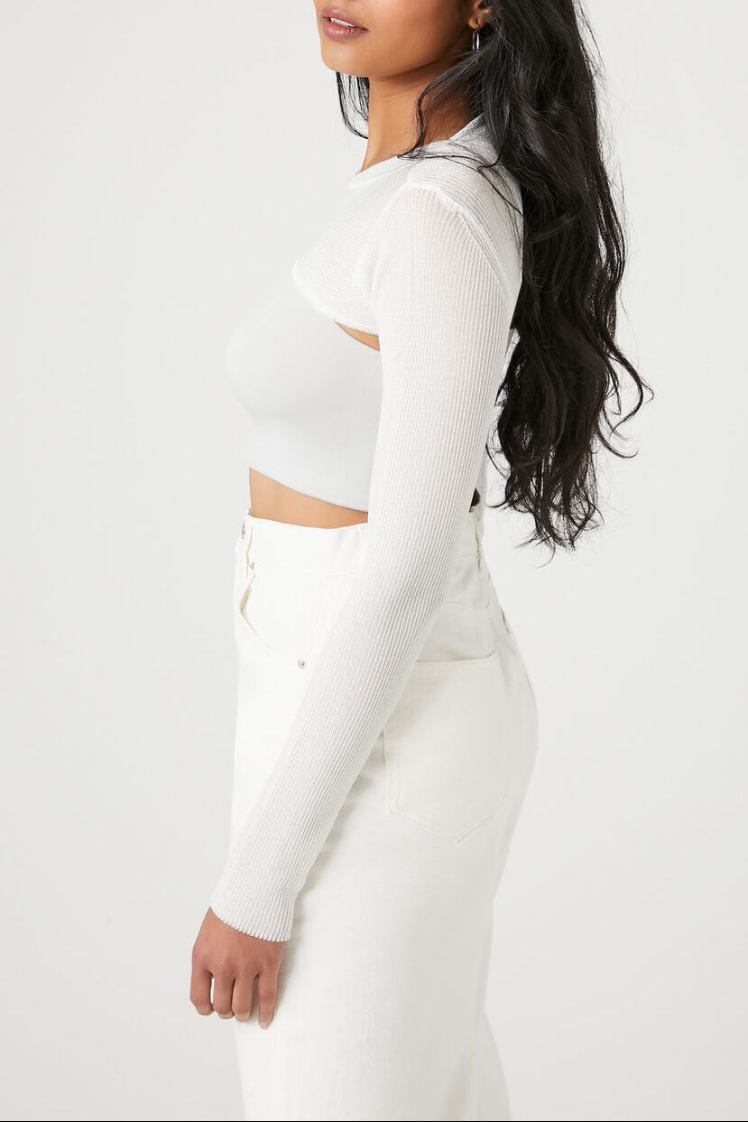  Forever 21 Super Cropped Sweater-Knit Top - white - Bonton