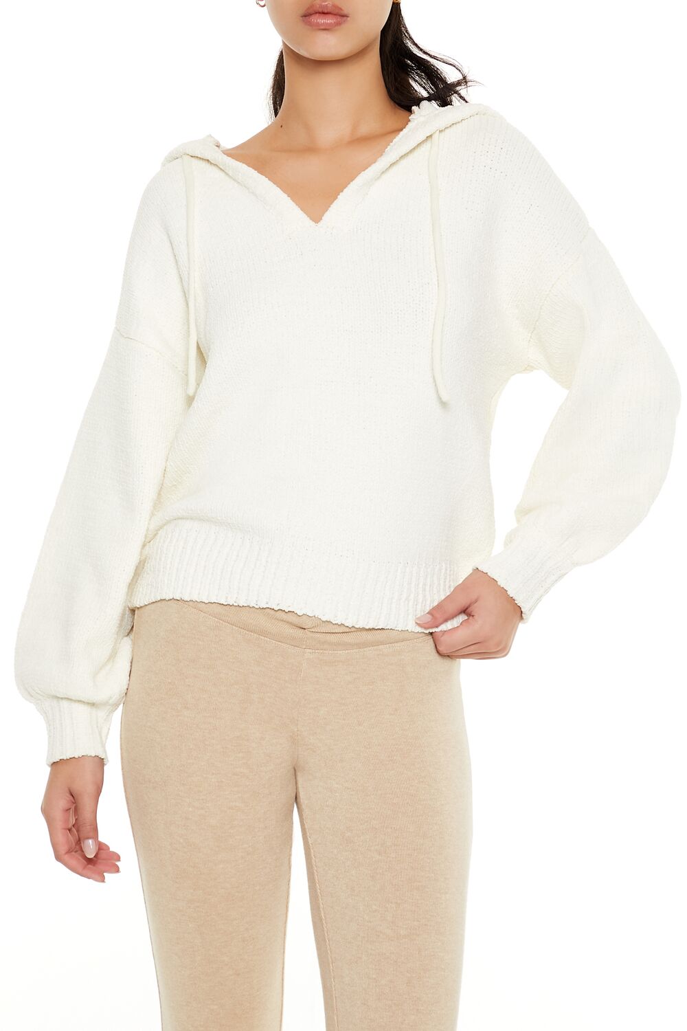  Forever 21 Hooded Drop-Sleeve Sweater - egret - Bonton