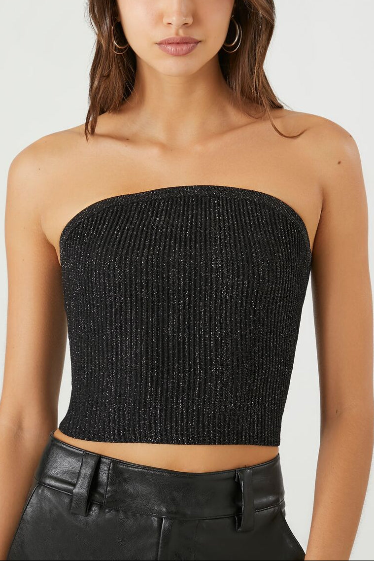  Forever 21 Cropped Sweater-Knit Tube Top - black - Bonton