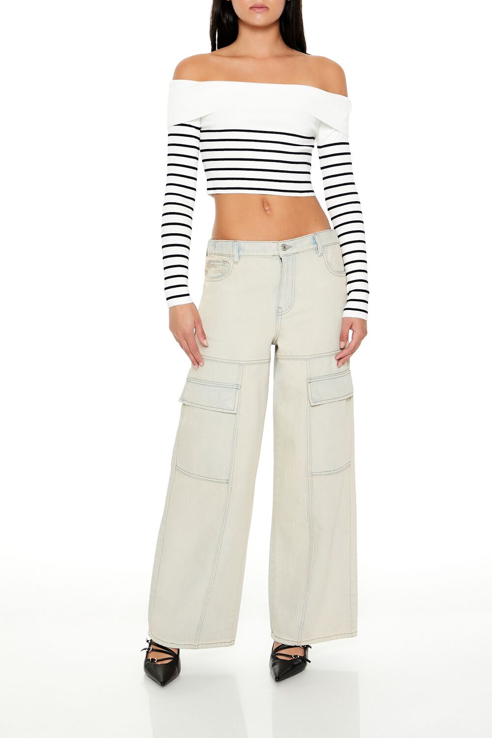  Forever 21 Striped Off-the-Shoulder Sweater - white black - Bonton