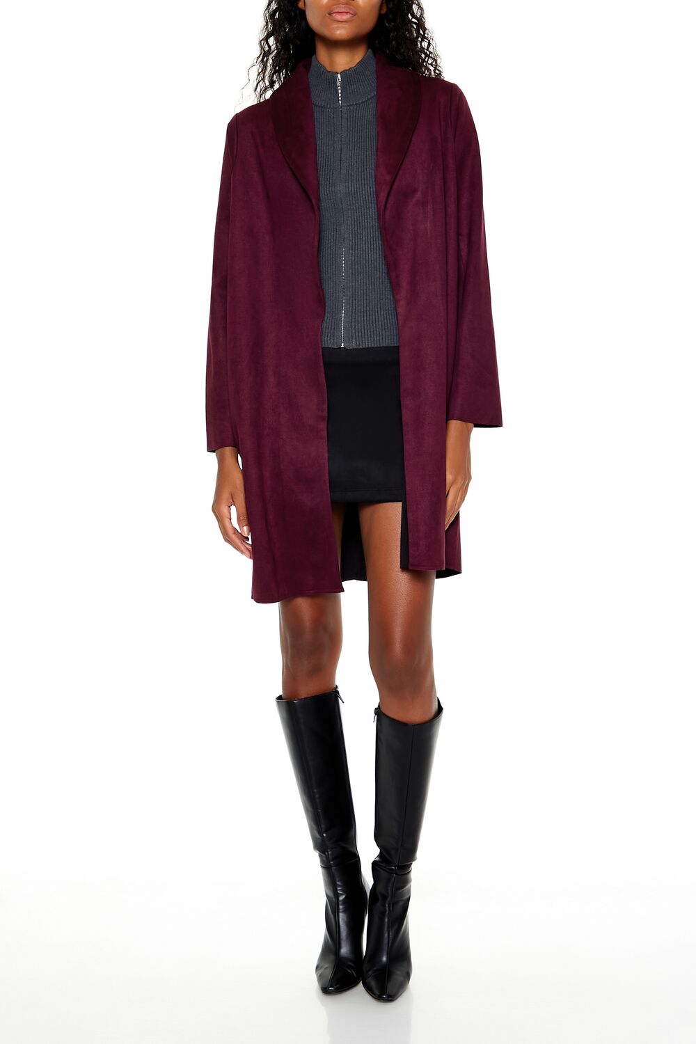  Forever 21 Faux Suede Open-Front Trench Coat - wine - Bonton