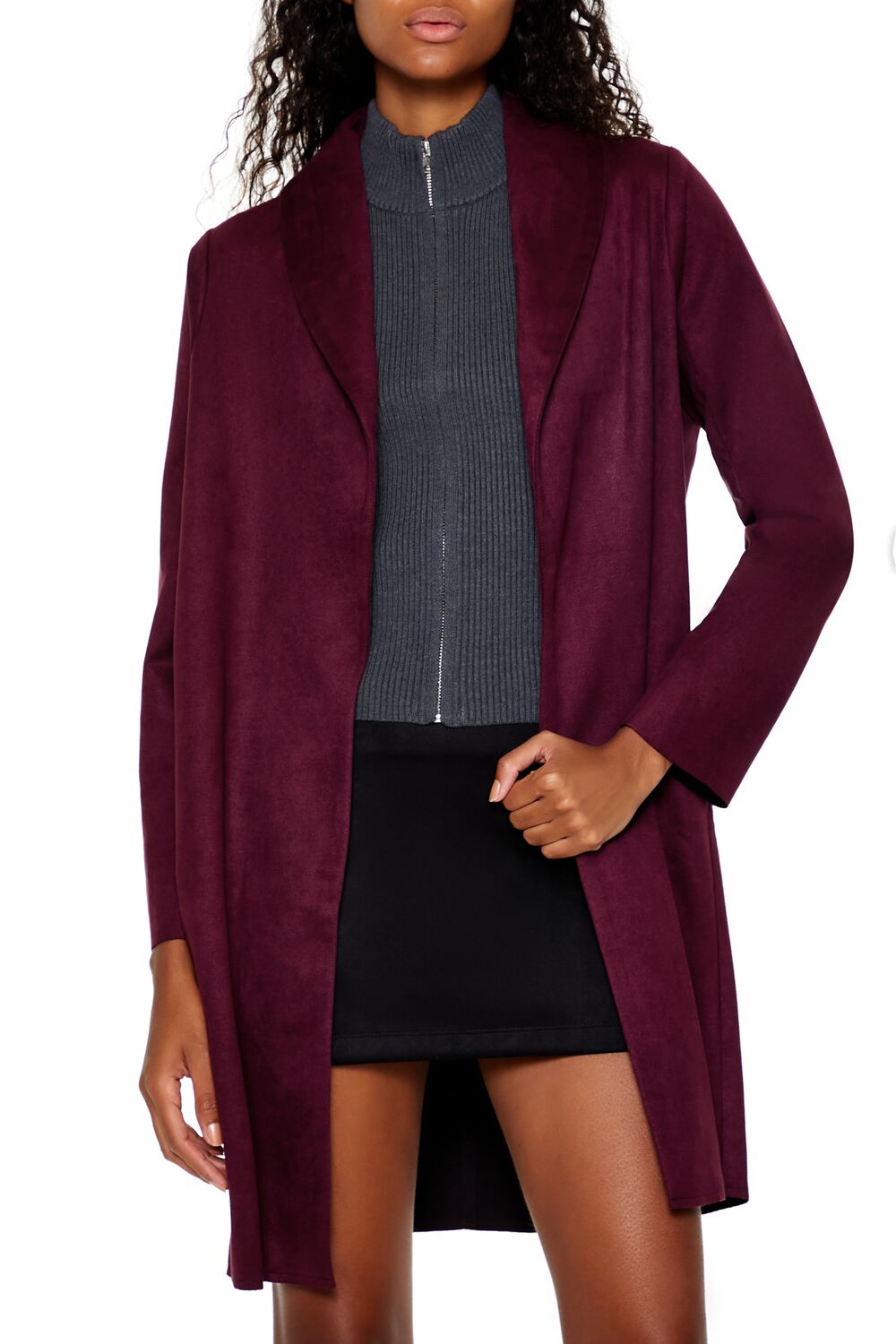  Forever 21 Faux Suede Open-Front Trench Coat - wine - Bonton