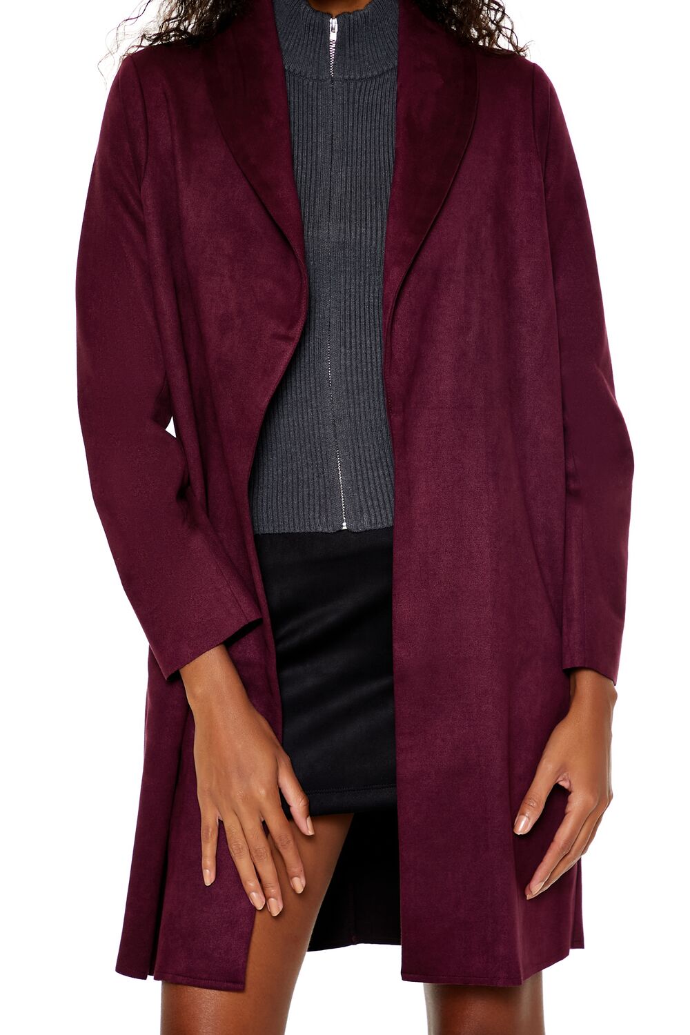  Forever 21 Faux Suede Open-Front Trench Coat - wine - Bonton
