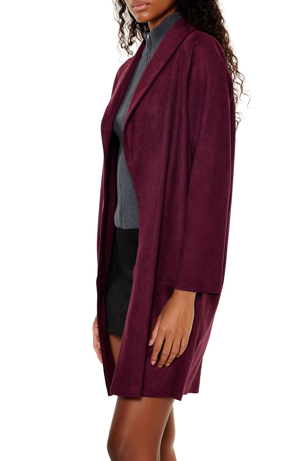  Forever 21 Faux Suede Open-Front Trench Coat - wine - Bonton