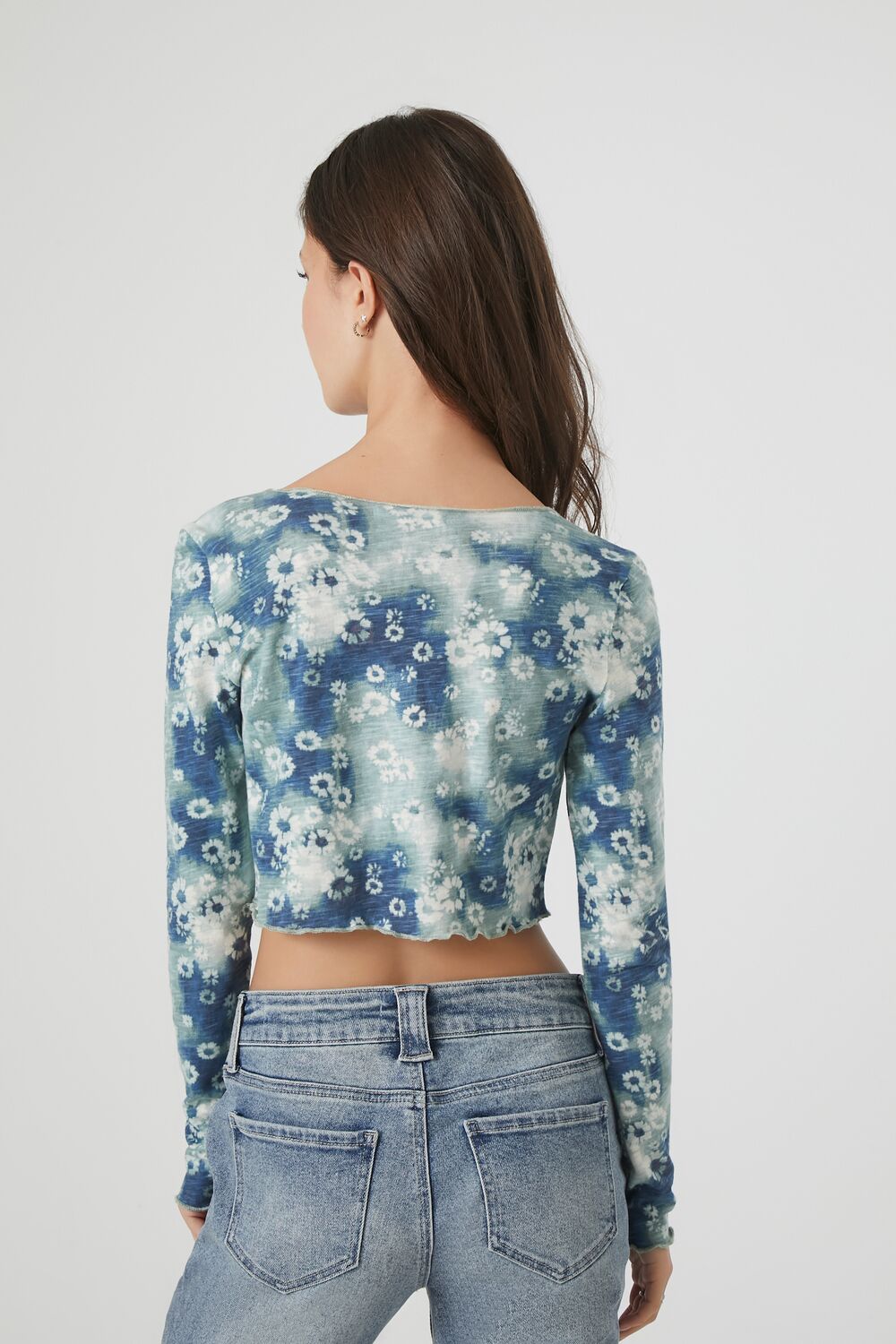  Forever 21 Tie-Dye Floral Print Crop Top - blue multi - Bonton