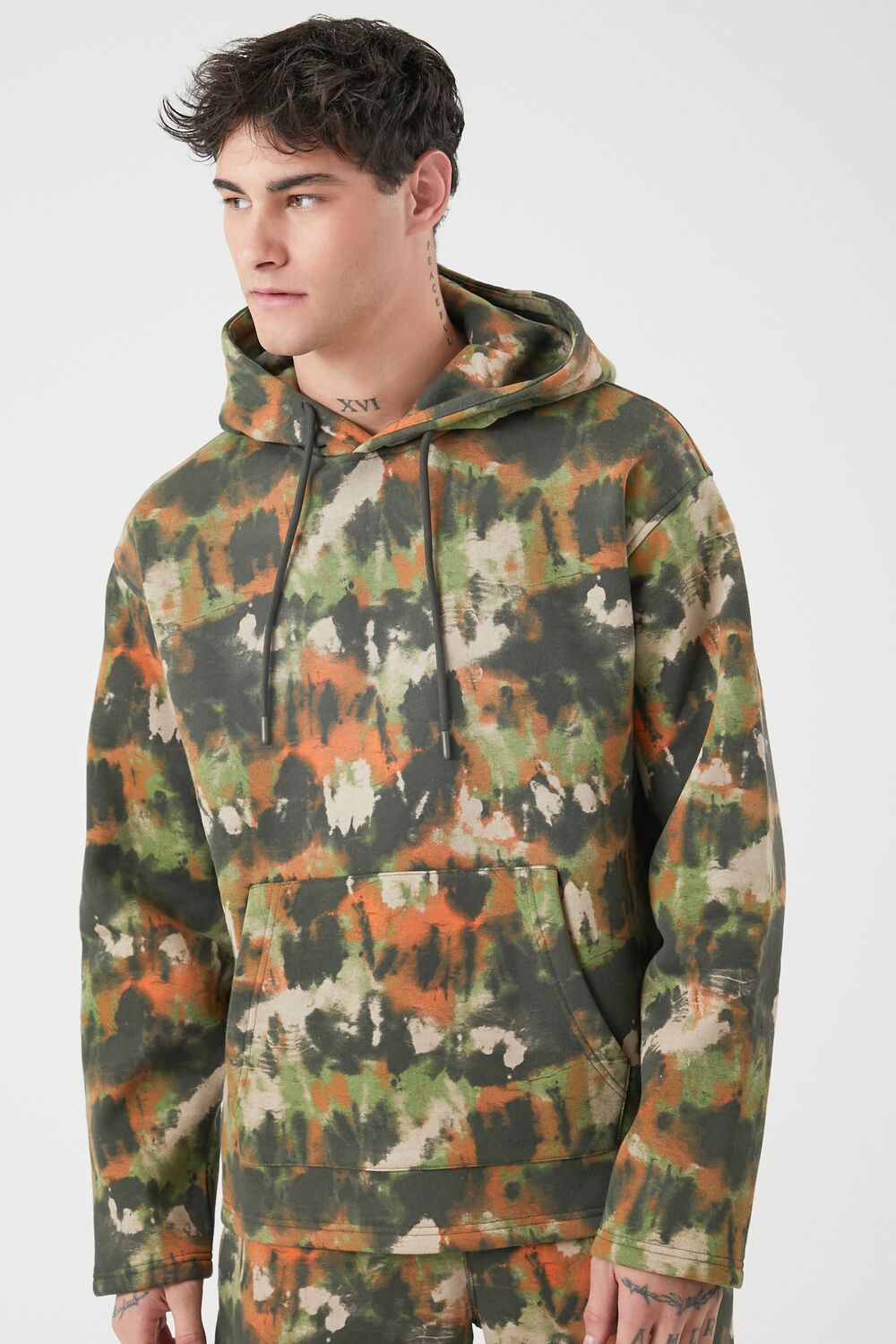  Forever 21 Abstract Print Drawstring Hoodie - light olive multi - Bonton