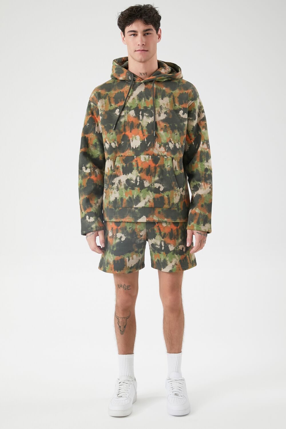  Forever 21 Abstract Print Drawstring Hoodie - light olive multi - Bonton
