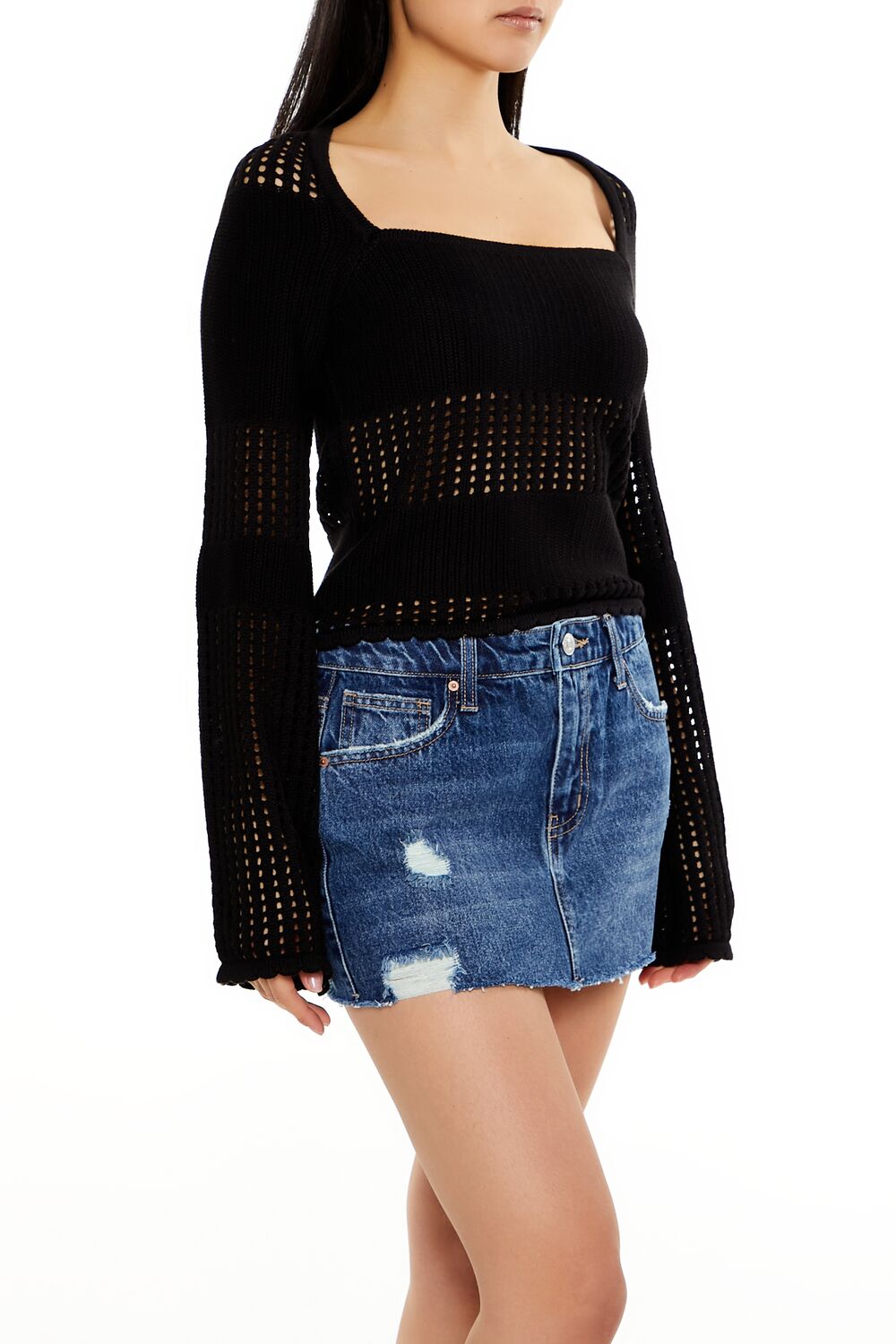 Forever 21 Open-Knit Bell-Sleeve Sweater - black - Bonton