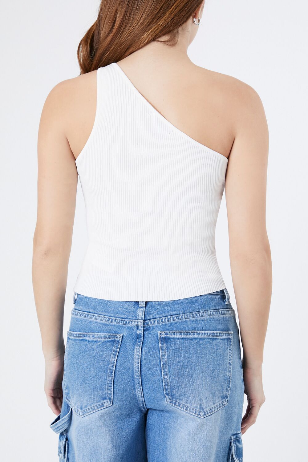  Forever 21 Sweater-Knit One-Shoulder Crop Top - white - Bonton
