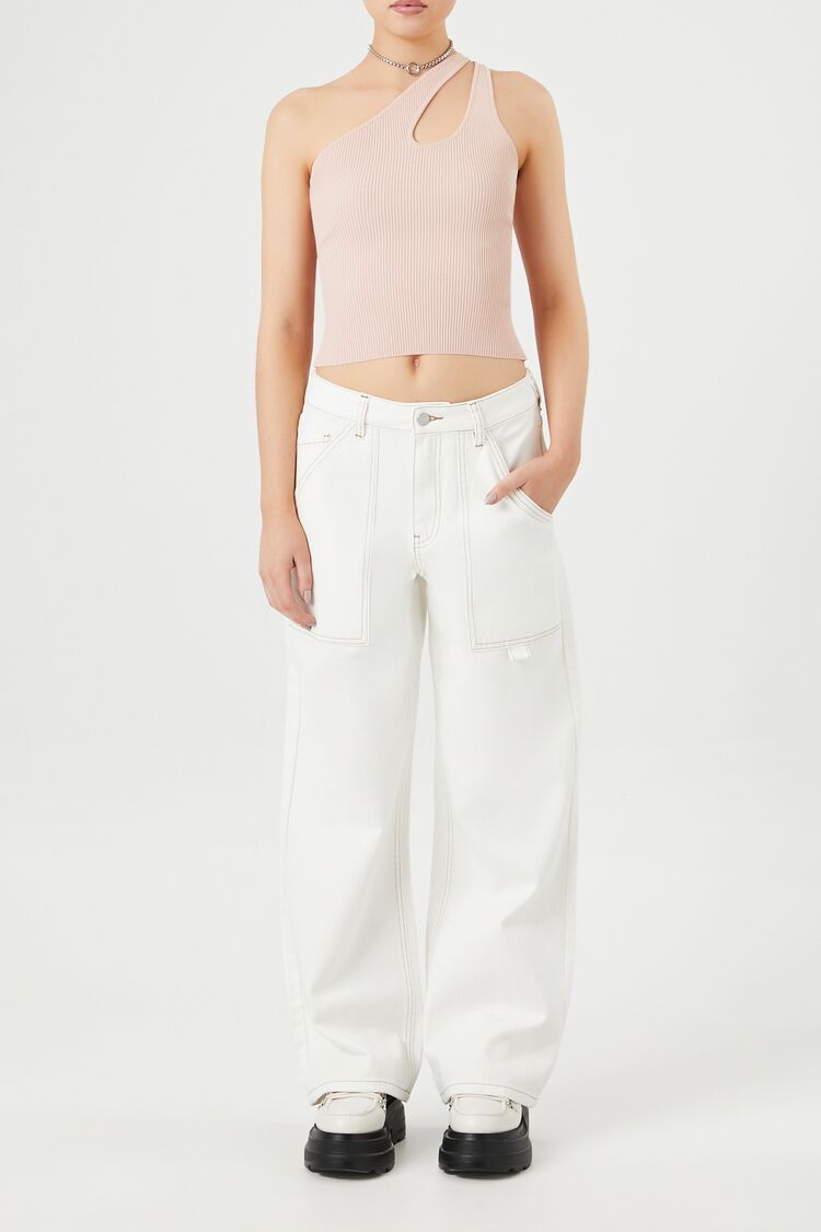  Forever 21 Sweater-Knit One-Shoulder Crop Top - white - Bonton