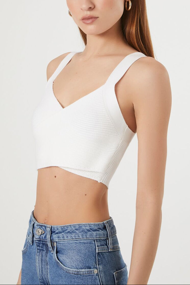  Forever 21 Sweater-Knit Crossover Crop Top - white - Bonton