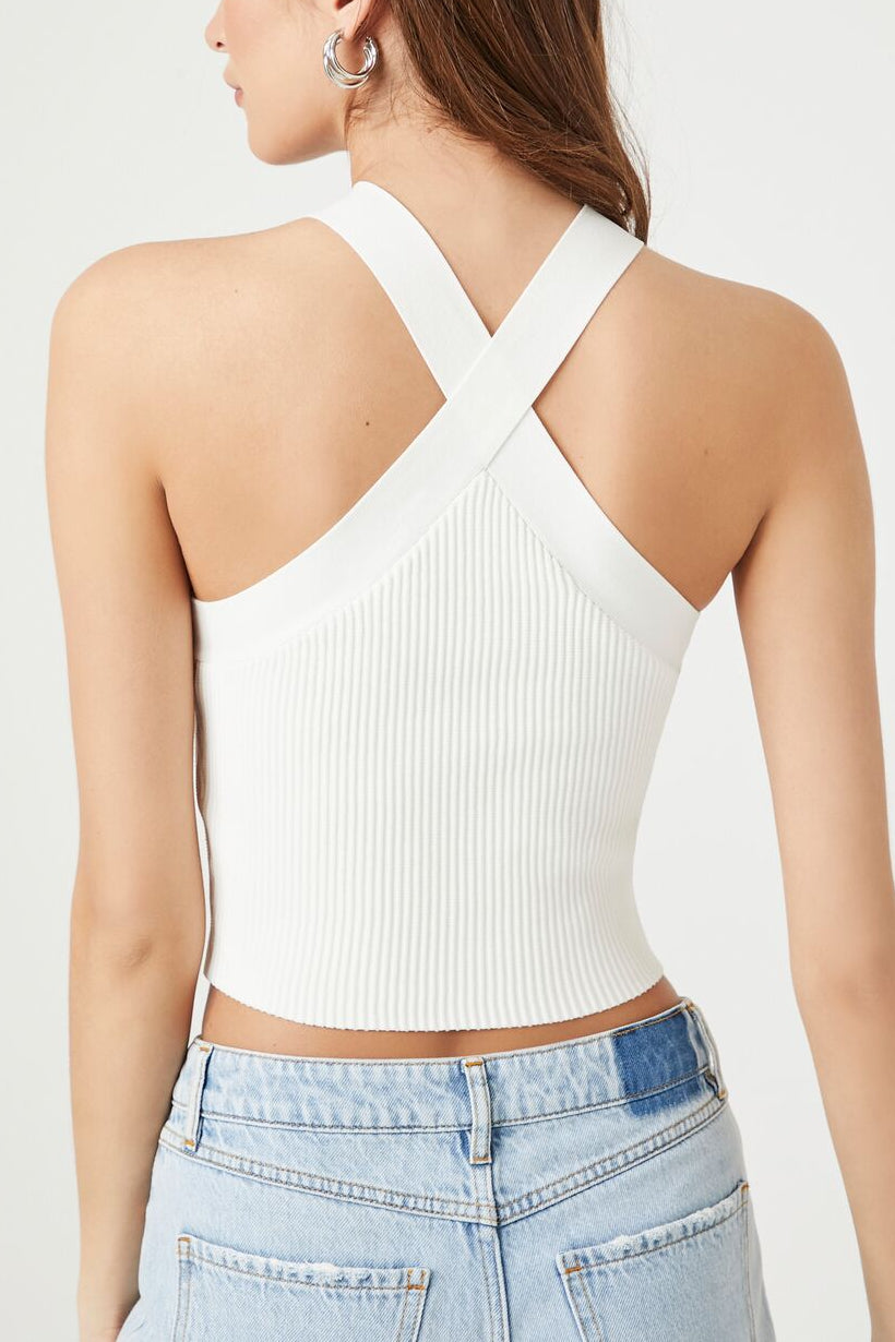  Forever 21 Sweater-Knit Crisscross Crop Top - white - Bonton