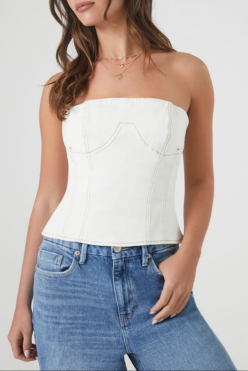  Forever 21 Denim Bustier Tube Top - white - Bonton